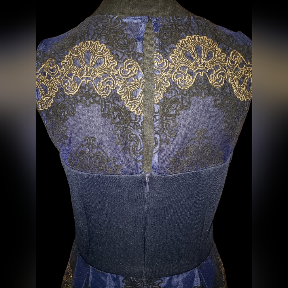 Studio One Navy Blue Dress w/ Black & Gold Embroidered Lace Overlay (Size 6) - Picture 11 of 16